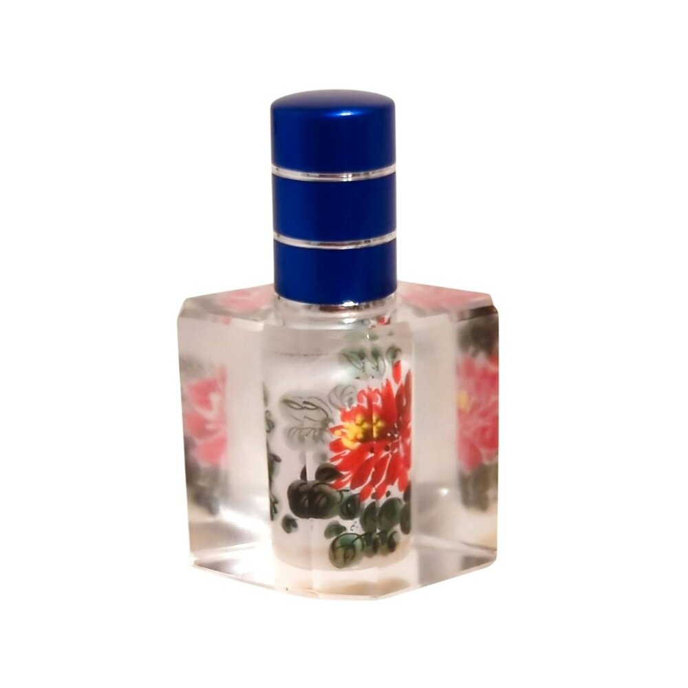 Vintage Hand-Painted Glass Perfume Bottle With Blue Cap Intricate Floral Design